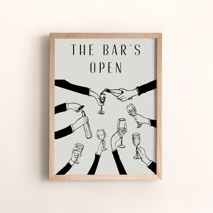 The Bar's Open Printable Wall Art, Art Deco Bar Prints, Retro Bar Cart Lounge Kitchen Wall Deco, Funny Happy Hour Art Poster