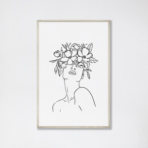 Line Art Woman PRINTABLE Wall Art Minimalist Floral Crown Queen Feminist Poster, Bohemian One Line Art, Abstract Shapes Neutral image 2