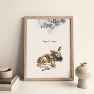 Arte em aquarela para impressão de cervos, decoração de parede para quarto de criança, decoração de Natal com ilustração de animais fofos, cartão de Natal para impressão