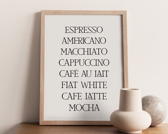 Coffee Names Print, Minimalist Coffee Wall Art, Coffee Bar Art, Cafe Art, Modern Coffee Print, Coffee Shop Print, Different Coffee Variation