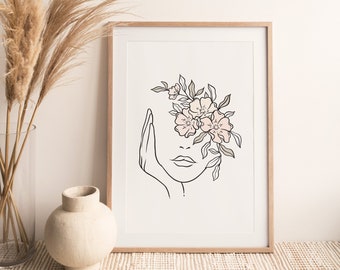 Boho Head of Flowers Printable Fine Line Wall Art, Abstract Woman Portrait Flower in her Hair Wall Art Print, Bohemian Wall Decor Poster