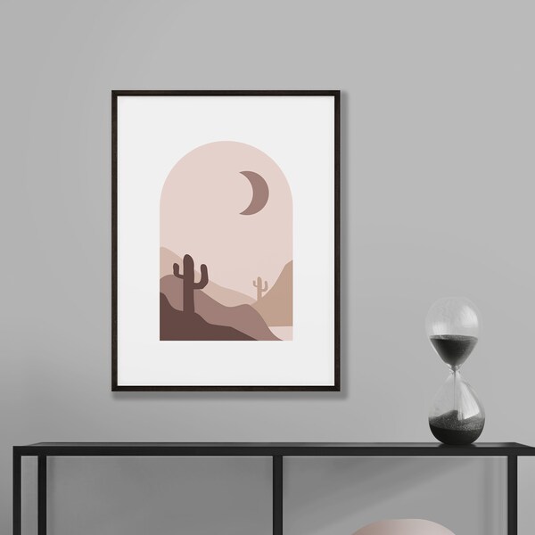 Desert Night Boho Abstract Print, Desert Cactus, Earth Tone Art, Minimalist Printable Wall Art, Moon, Modern Art Print, Nursery Wall Art