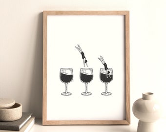 Men Diving Into Wineglass Printable Wall Art, Retro Wine Print, Funny Wine Art Poster, Happy Hour Bar Cart Kitchen Print, Wine Lover Gift