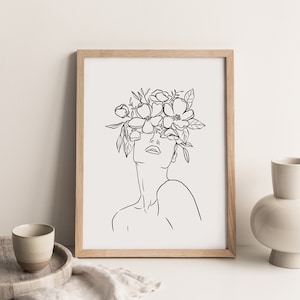 Line Art Woman PRINTABLE Wall Art Minimalist Floral Crown Queen Feminist Poster, Bohemian One Line Art, Abstract Shapes Neutral image 1