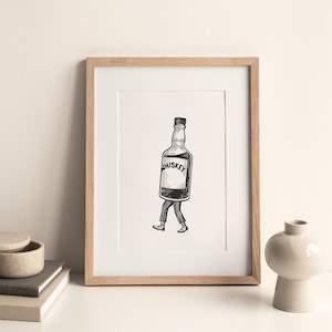 Walking Whiskey Bottle Printable Wall Art, Funny Whiskey Bottle Art, Bar Cart Wall Prints, Kitchen Wall Decor, Funny Bar Lounge Wall Decor