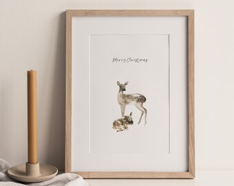 Deer Art Print, Merry Xmas Print, Nursery Decor, Animal Illustration, Xmas Printable, Christmas Decor, Merry Christmas Printable, Baby Deer