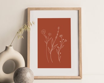 Wildflower Line Art Print: Terracotta Boho Botanical (Digital Download)