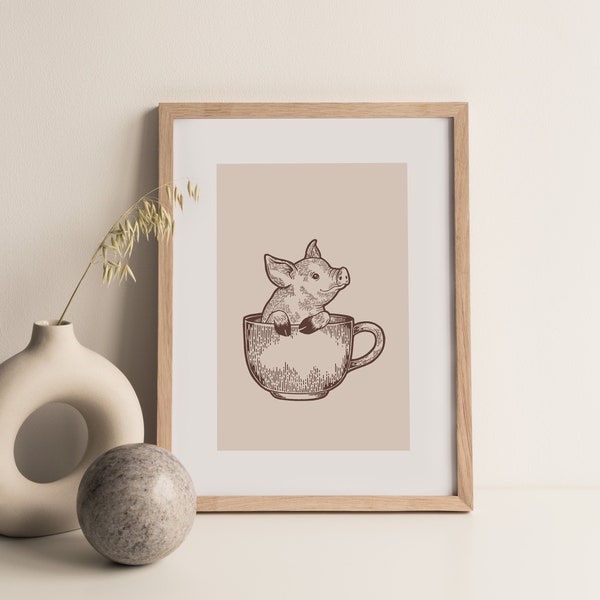 Little Pig in Coffee Cup Printable Wall Art, Cute Animal Poster, Coffee and Animal Lover Gift Idea, Nursery Kids Room Wall Decor