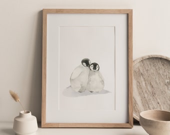 Penguin Couple Print, Pair of Penguins Printable, Nursery Decor, Animal Art Print, Winter Printable, Christmas Card, Cuddling Animals