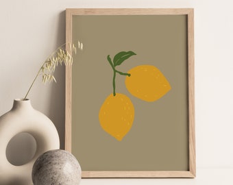 Two Lemons Printable Wall Art, Boho Home Decor Wall Poster, Minimalist Modern Retro Wall Art Prints, Kitchen and Living Room Wall Deco