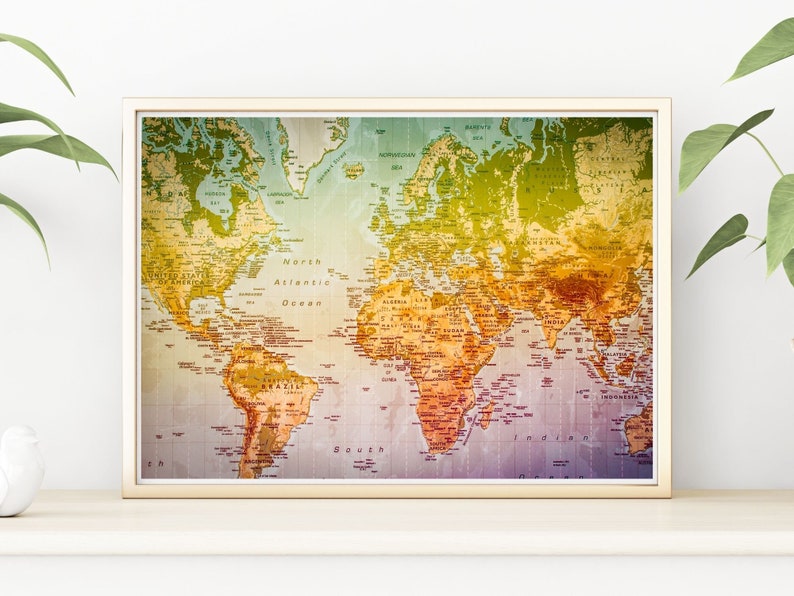 Instant Photo Download Wall Decor Digital Art Print World Map Printable Art Map of the World Colourful image Continents Countries