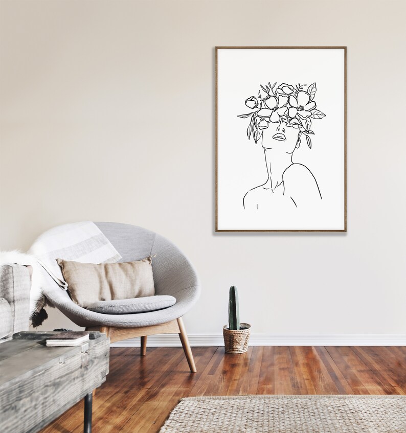 Line Art Woman PRINTABLE Wall Art Minimalist Floral Crown Queen Feminist Poster, Bohemian One Line Art, Abstract Shapes Neutral image 7