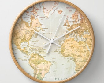 World Map Wooden Wall Clock Unique Gift for Her Trendy Wall Art World map artwork Pastel Living Room Office Wall Art