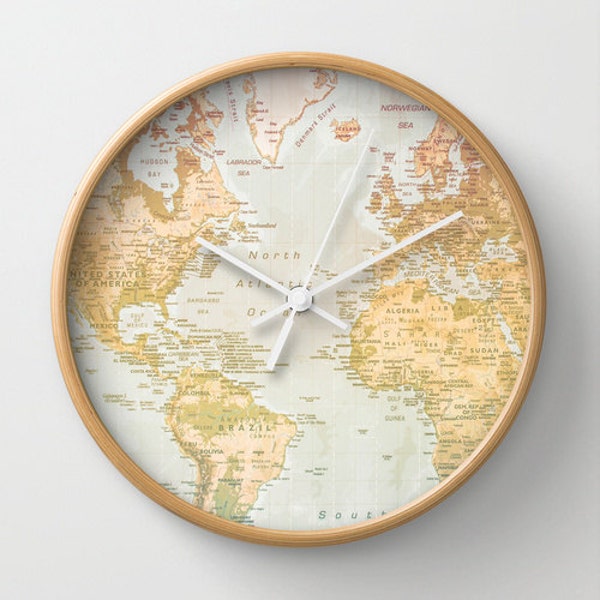 World Map Wooden Wall Clock Unique Gift for Her Trendy Wall Art World map artwork Pastel Living Room Office Wall Art