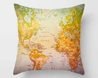 Almohada de tiro de arte del mapa del mundo colorido, almohada de tiro de decoración decorativa del hogar naranja amarillo verde, almohada cuadrada del mapa del mundo