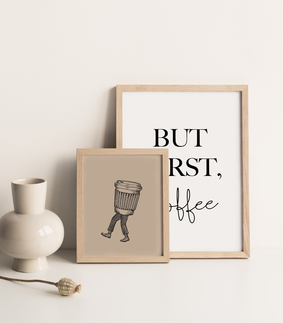 Walking Coffee Cup Printable Wall Art, Abstract Funny Coffee Bar Art