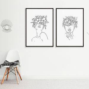 Line Art Woman PRINTABLE Wall Art Minimalist Floral Crown Queen Feminist Poster, Bohemian One Line Art, Abstract Shapes Neutral image 5