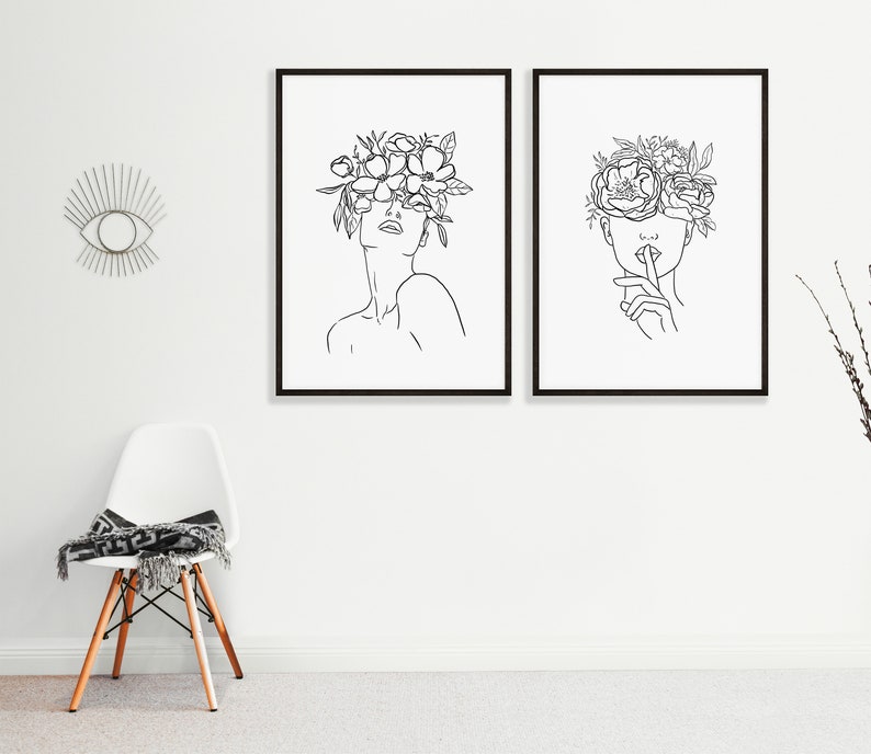 Line Art Woman PRINTABLE Wall Art Minimalist Floral Crown Queen Feminist Poster, Bohemian One Line Art, Abstract Shapes Neutral image 5