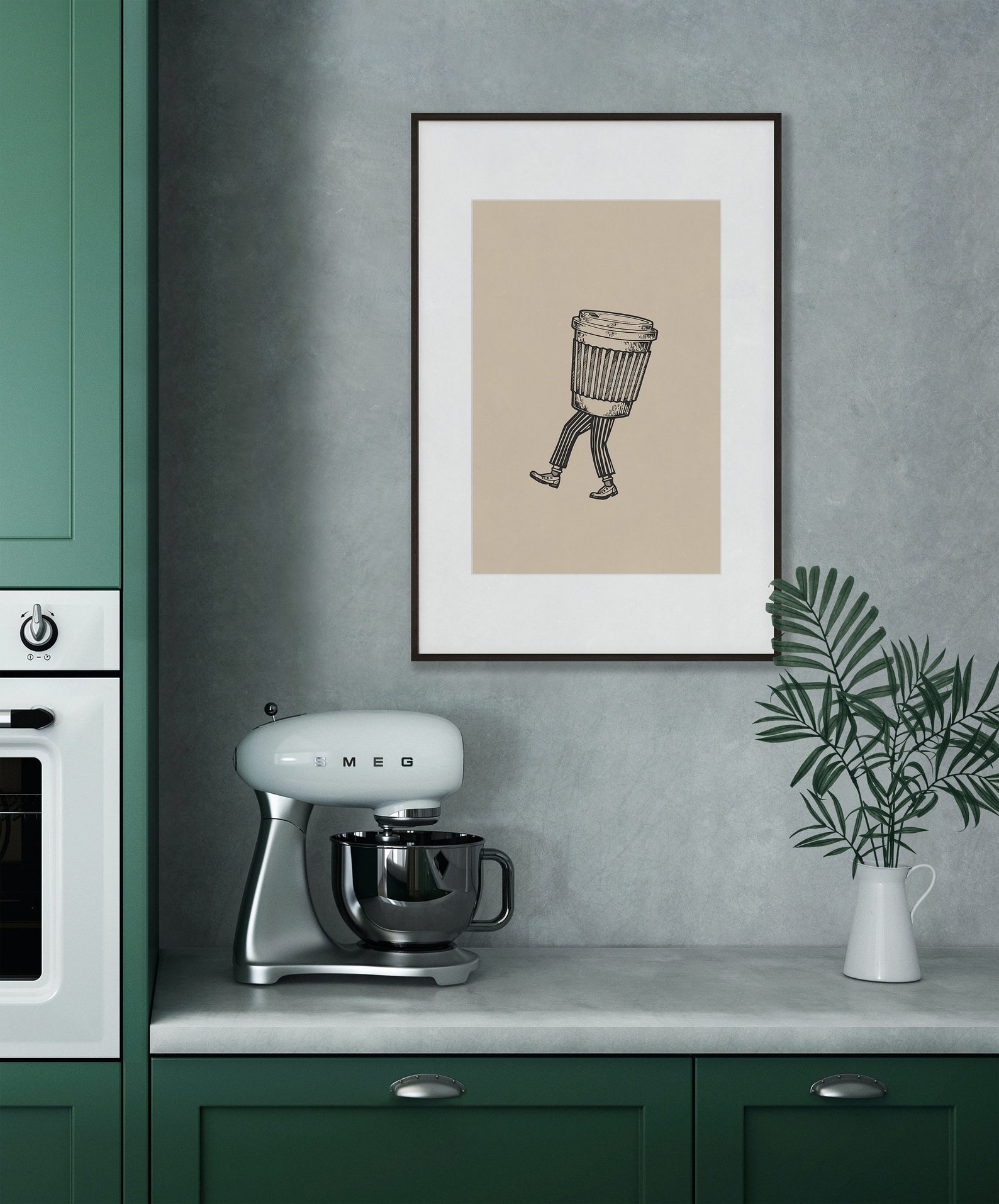 Walking Coffee Cup Printable Wall Art, Abstract Funny Coffee Bar Art