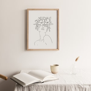 Line Art Woman PRINTABLE Wall Art Minimalist Floral Crown Queen Feminist Poster, Bohemian One Line Art, Abstract Shapes Neutral image 4