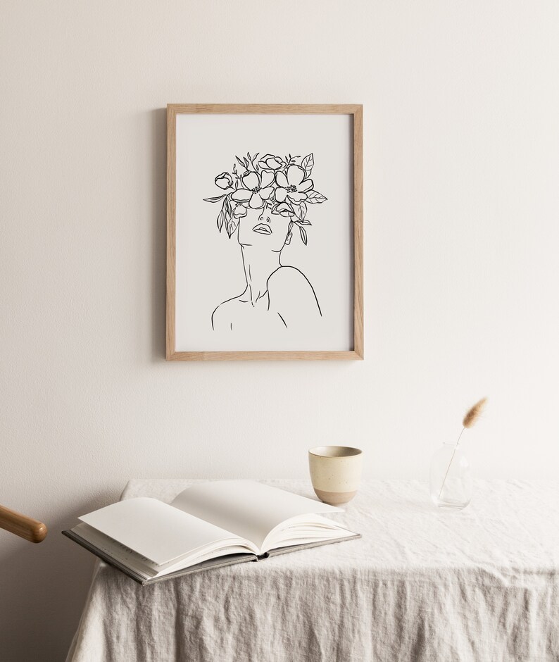 Line Art Woman PRINTABLE Wall Art Minimalist Floral Crown Queen Feminist Poster, Bohemian One Line Art, Abstract Shapes Neutral image 4