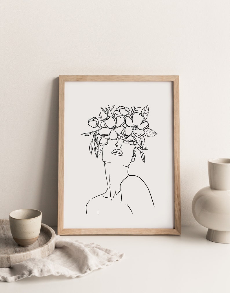 Line Art Woman PRINTABLE Wall Art Minimalist Floral Crown Queen Feminist Poster, Bohemian One Line Art, Abstract Shapes Neutral image 1