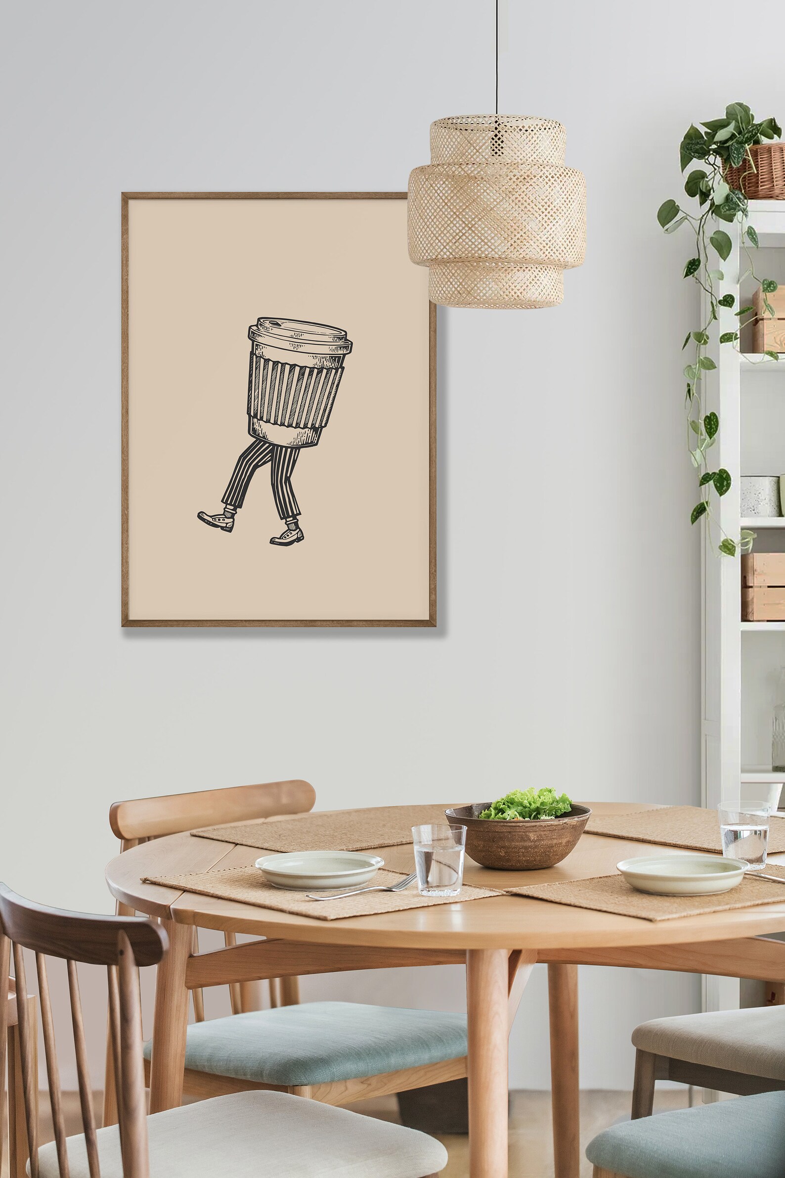 Walking Coffee Cup Printable Wall Art, Abstract Funny Coffee Bar Art