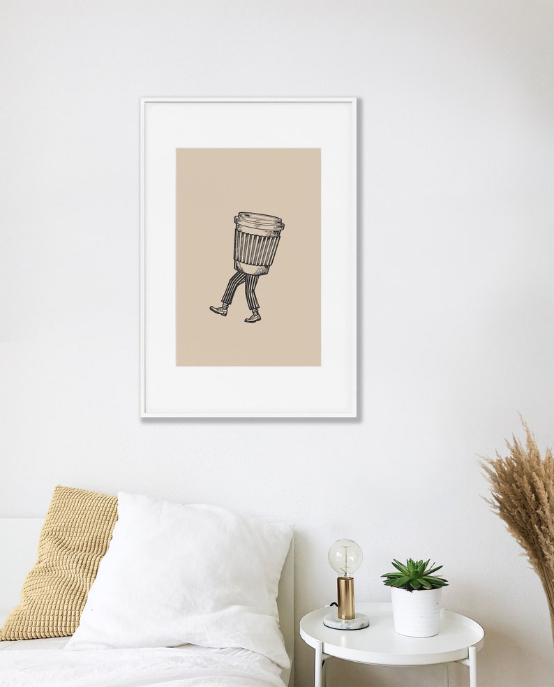 Walking Coffee Cup Printable Wall Art, Abstract Funny Coffee Bar Art