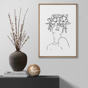 Line Art Woman PRINTABLE Wall Art Minimalist Floral Crown Queen Feminist Poster, Bohemian One Line Art, Abstract Shapes Neutral image 6