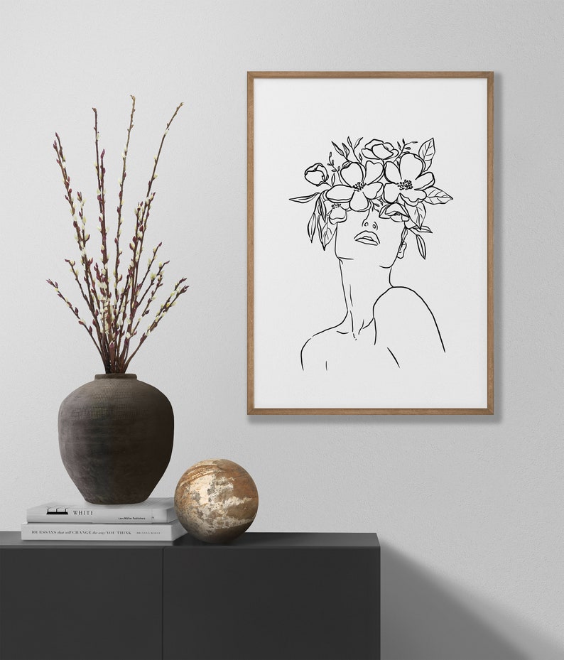 Line Art Woman PRINTABLE Wall Art Minimalist Floral Crown Queen Feminist Poster, Bohemian One Line Art, Abstract Shapes Neutral image 6