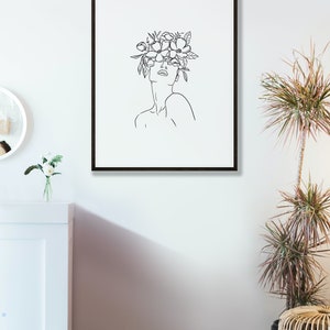 Line Art Woman PRINTABLE Wall Art Minimalist Floral Crown Queen Feminist Poster, Bohemian One Line Art, Abstract Shapes Neutral image 3