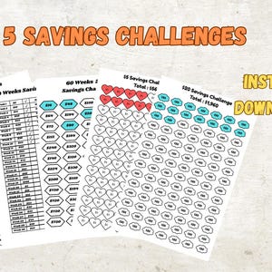 5 Printable Savings Challenges Printable Instant Download Digital Savings Challenge Tracker