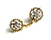 Baroque, round open earchids, antique gold - opalescent white rhinestones - transparent central rhinestones, 15mm diam. Ring