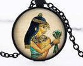 Egyptian, dome 2.5 domed glass cabochon Medallion pendant necklace cm black or silver 45 cm chain