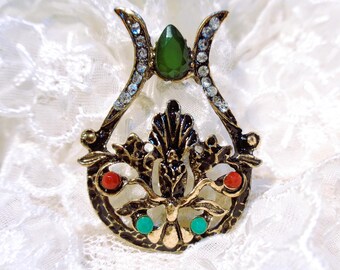 RARE! Baroque pendant lyre vase shape, back rings, green / transparent / multicolor settings, base + old gold center decoration, 37x28 mm