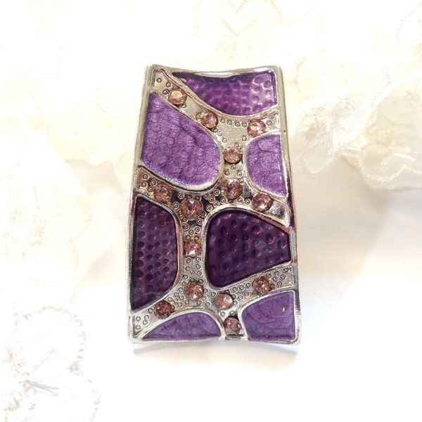 RARE ! Grand pendentif graphique, esprit ethnique / bohème, décors aspect émaillé et strass ton violet, 46x28mm