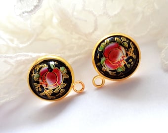 RARE ! 2 round earrings 12mm + ring, 304 gold-plated stainless steel, black cabochon with red floral decor, Japanese Tensha spirit