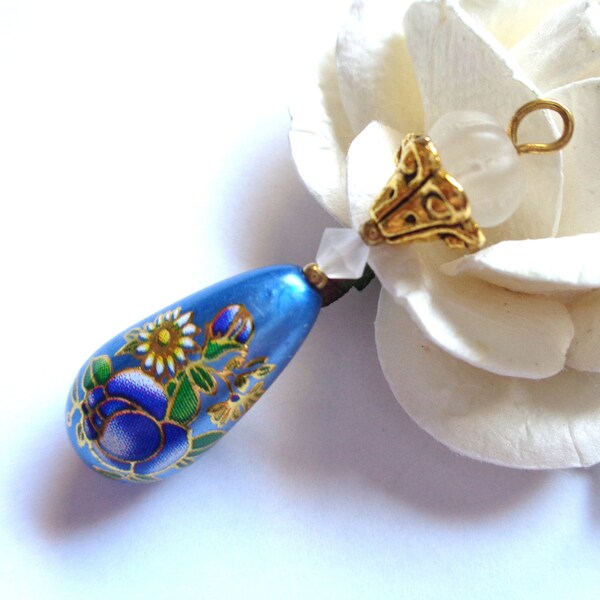 2 handmade pendants, retro Japanese style drop, multi-colored on a pearly blue / opalescent white / old gold base, 43x10mm