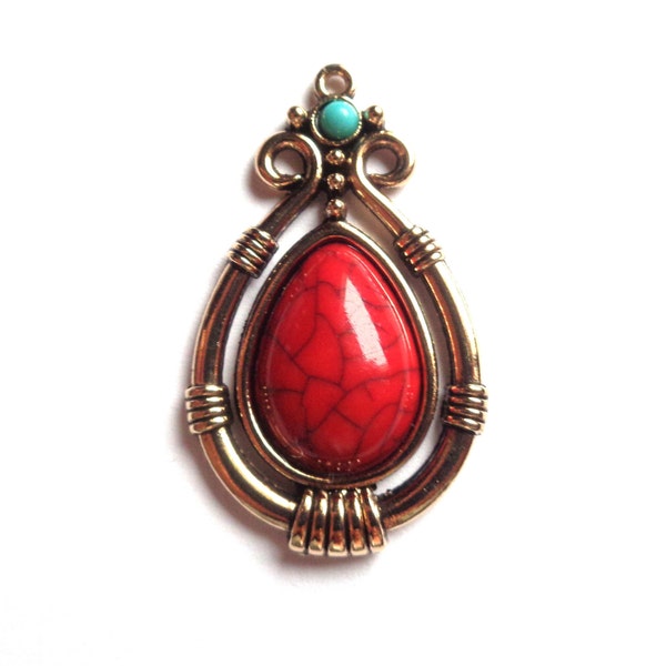 1 ou 2 x pendentif goutte ethique / bohème, esprit népalais, argenté antique / rouge / turquoise, cabochons bombé aspect howlite, 39 x 23 mm