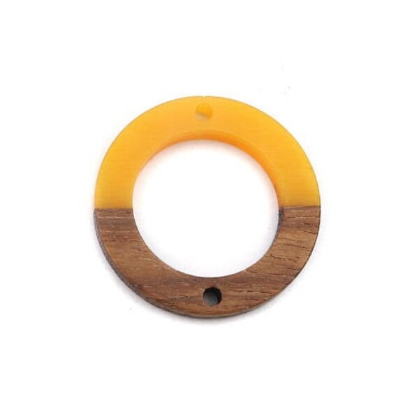 Pendentif CONNECTEUR bois + jaune, CERCLE creux Diam. 28mm, bohème / ethnique / tribal - Yellow & wood tones connector, open circle shaped