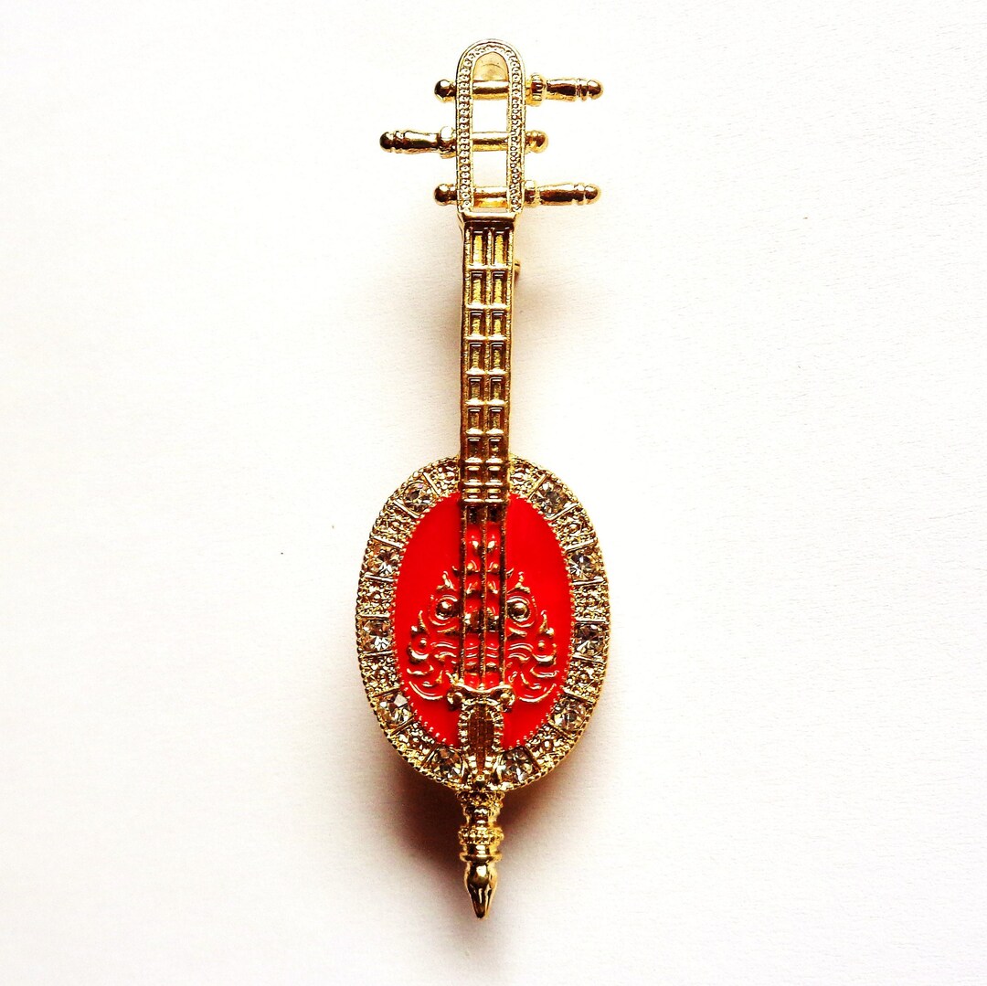 Musical Instrument Pin Brooch, Red and Gold, Oriental Asian Spirit ...