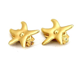 2 CLIPS (non-pierced ears) + ring, matte gold starfish 22x19mm - 2 matte gold starfish ear clips, withloop,r non-pierced ears