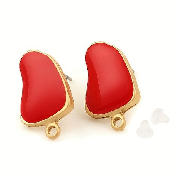 2 puces d'oreilles + anneau, forme irrégulière à la DALI (*), doré / émail rouge, 18x11mm - 2 DALI style earring studs, gold + red enemal