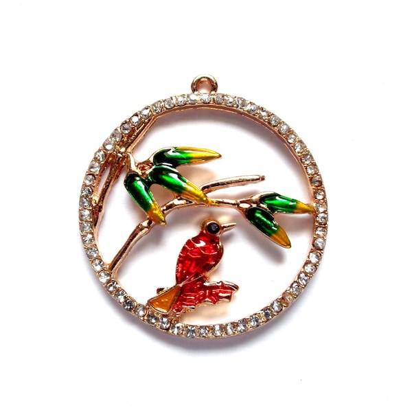 RARE ! 1 ou 2 x pendentif créole ronde, décor multicolore émaillé, feuilles / oiseau rouge / métal doré à strass transparents, diam.30mm