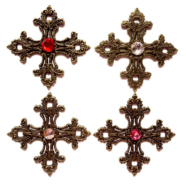 Grande CROIX bronze Médiévale / Baroque, cabochon Swarovski 4 tons, 56x56mm - Large bronze filigree cross pendant w/Swarovski cabochon