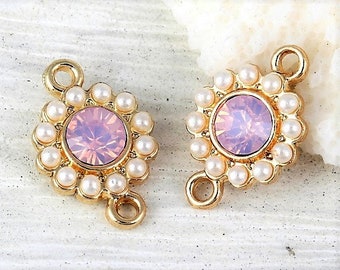 2 ou 4 connecteurs ronds, Hte Couture Baroque / Victorien / rétro, base dorée / cabochon rose opalescent + mini perles blanc nacré, 21x15mm