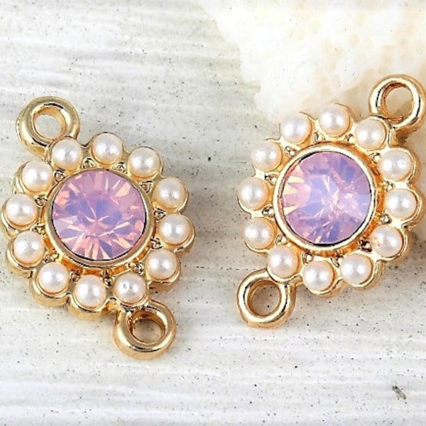 2 ou 4 connecteurs ronds, Hte Couture Baroque / Victorien / rétro, base dorée / cabochon rose opalescent + mini perles blanc nacré, 21x15mm