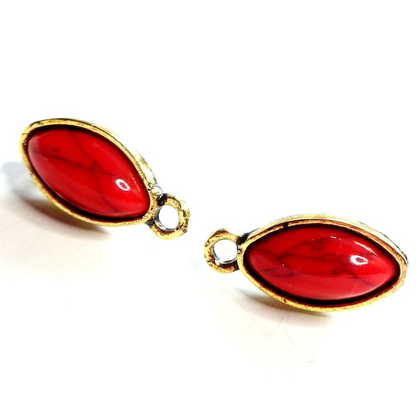 RARE ! Puces clous d'oreilles, forme Marquise / Amande, ethniques / bohèmes, + anneau, ARGENTE + cabochon bombé ROUGE veiné, 18x9mm