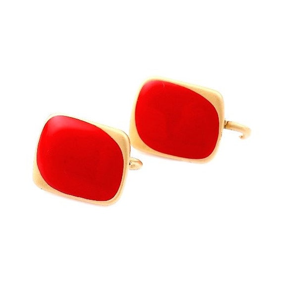 2 Elégantes puces d'oreilles carrées (+ anneau), doré / émaillé rouge, 13x11mm - 2 square earring studs, gold  / red enemaled