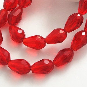 4 siam red drop beads 12x8mm, translucent faceted glass - 4 teardrop beads, crystal siam red faceted glass